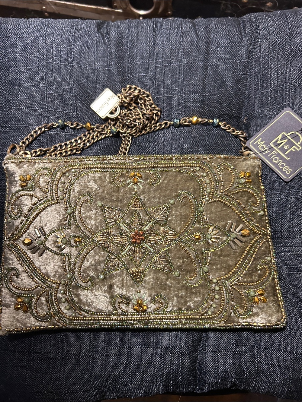 Mary Francis HAND BEADED Velvet Crossbody Clutch Olive Green BRAND NEW WITH TAG
